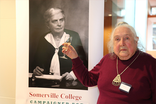 Professor Lalage Bown toasting Eleanor Rathbone at the Somerville room naming ceremony 