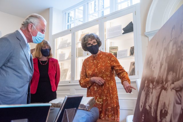 Senior Associate jane Robinson talks to HRH Prince of Wales with Librarian Anne Manuel looking on