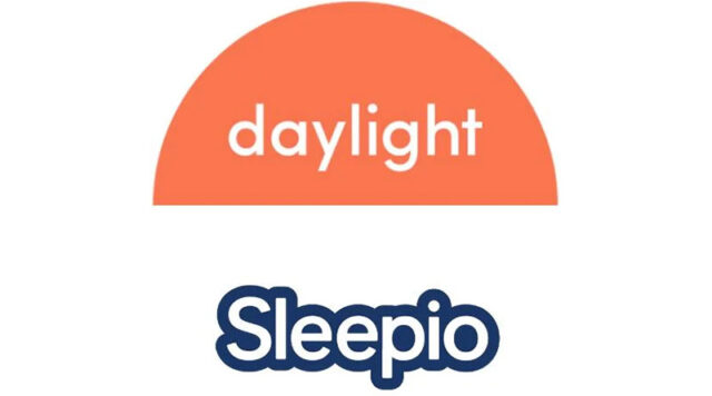 The logos of daylight and sleepio are shown. Daylight's logo is an organge semi circle with the word 'daylight' in lowercase letters in the middle. Sleepio's logo is the app name in white letters with a dark blue outline.
