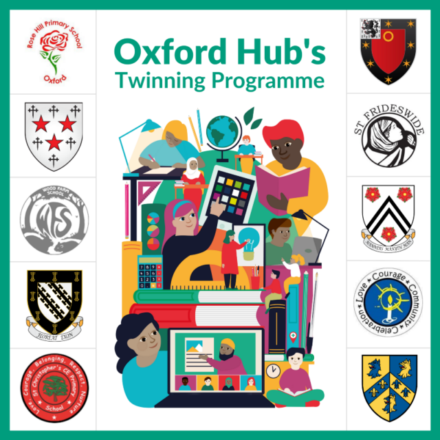 A cartoon of children learning in school and by themselves, surrounded by college and school emblems, with the words ‘Oxford Hub’s twinning programme’