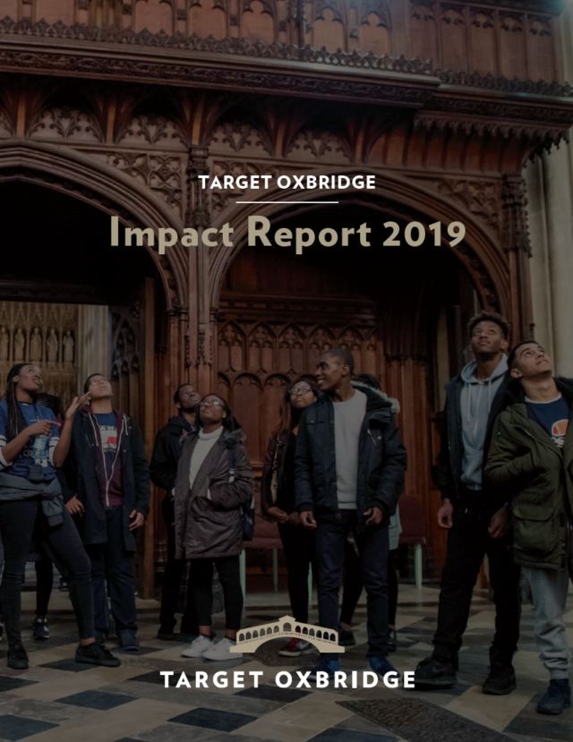 The cover of the Target Oxbridge 2019 Impact Report, showing students looking up at an old chapel.