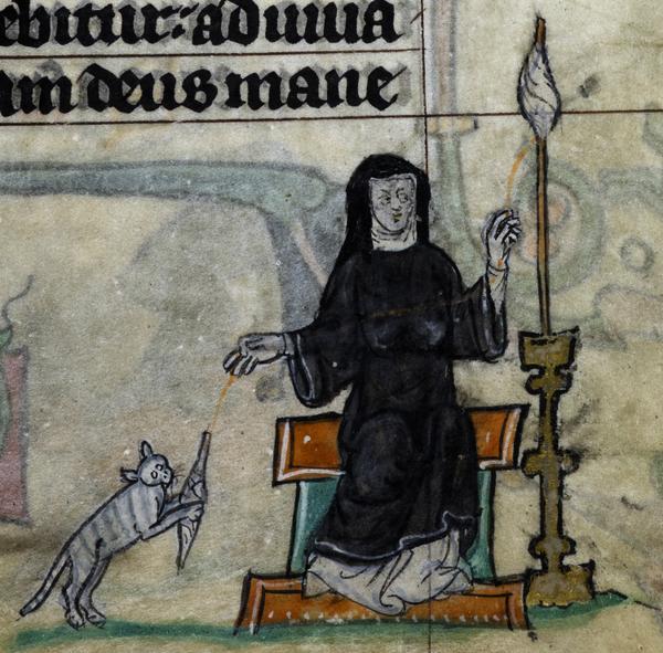 An anchoress and her pet cat, from the Maastricht Hours (Stowe MS 17, f. 34r)