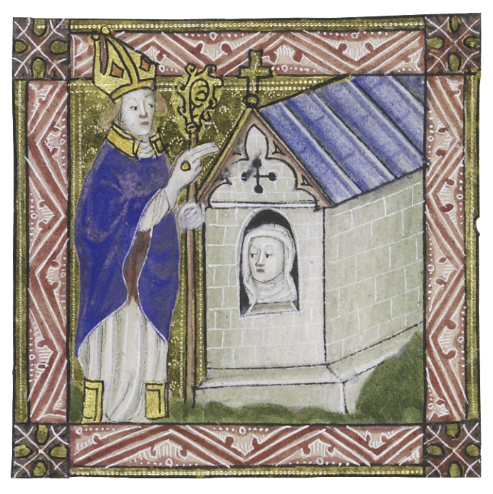 A bishop blessing an anchoress. The Parker Library, Corpus Christi College, Cambridge, MS 79: Pontifical, f. 96r, c. 1400 and c. 1410.