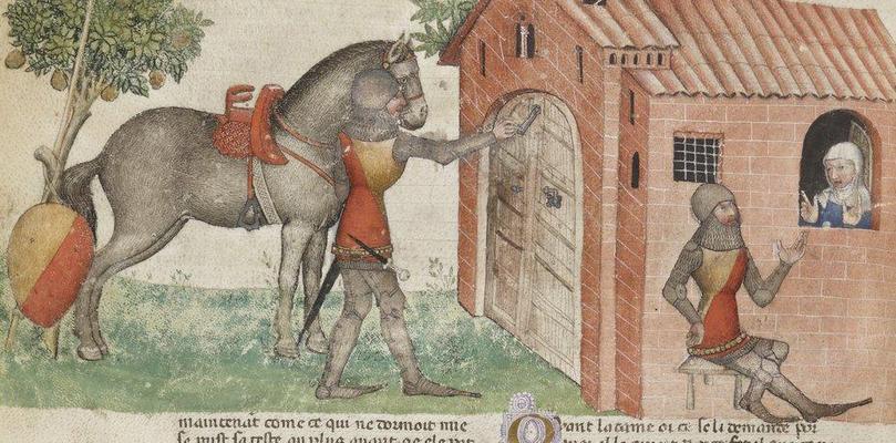 Sir Perceval consults his aunt, an anchoress, on the Quest for the Grail. Illustration from Walter Maps' La Quete du Saint Graal et la Mort d'Arthur