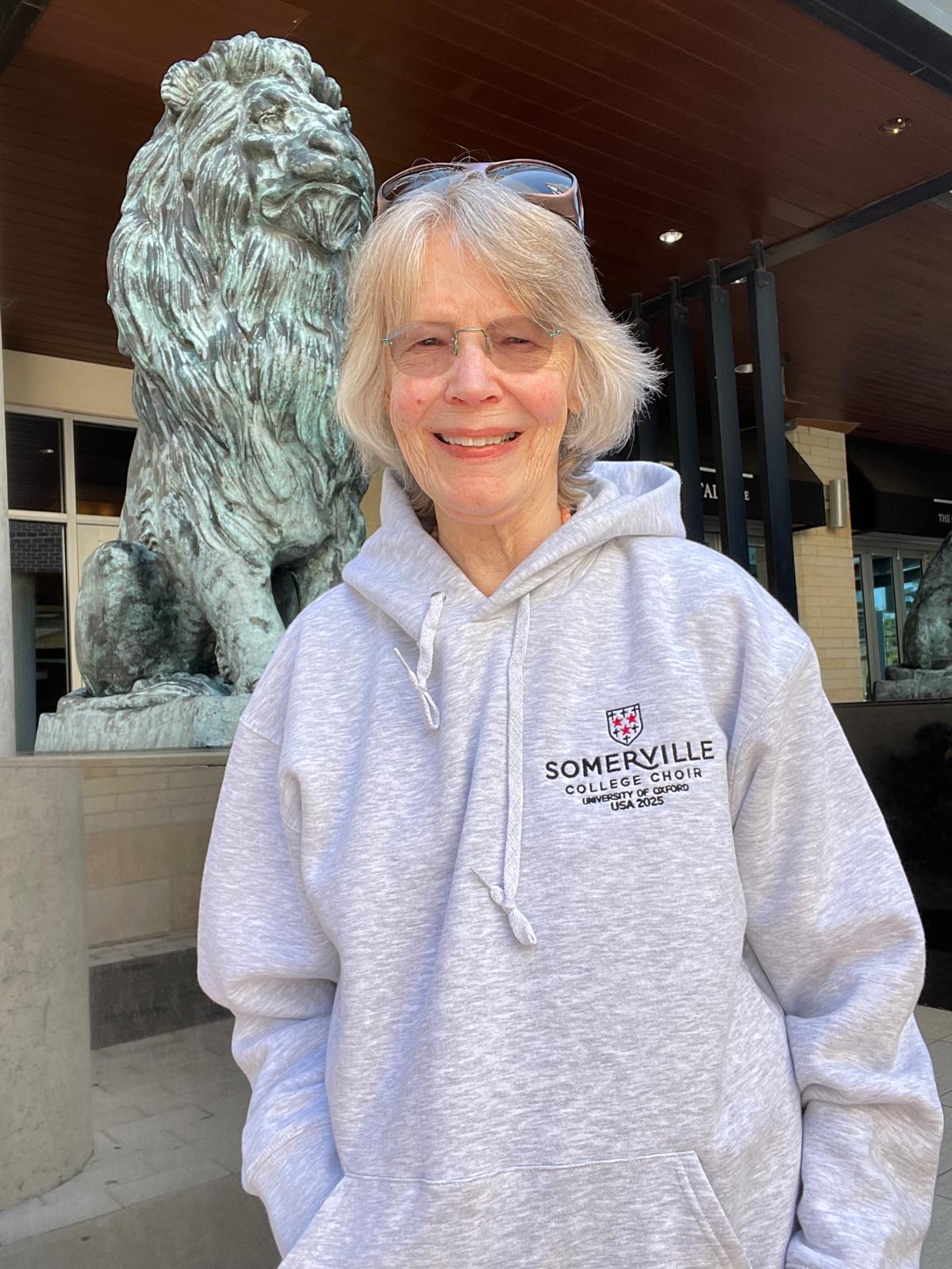 Virginia Ross in a Somerville College Choir hoodie