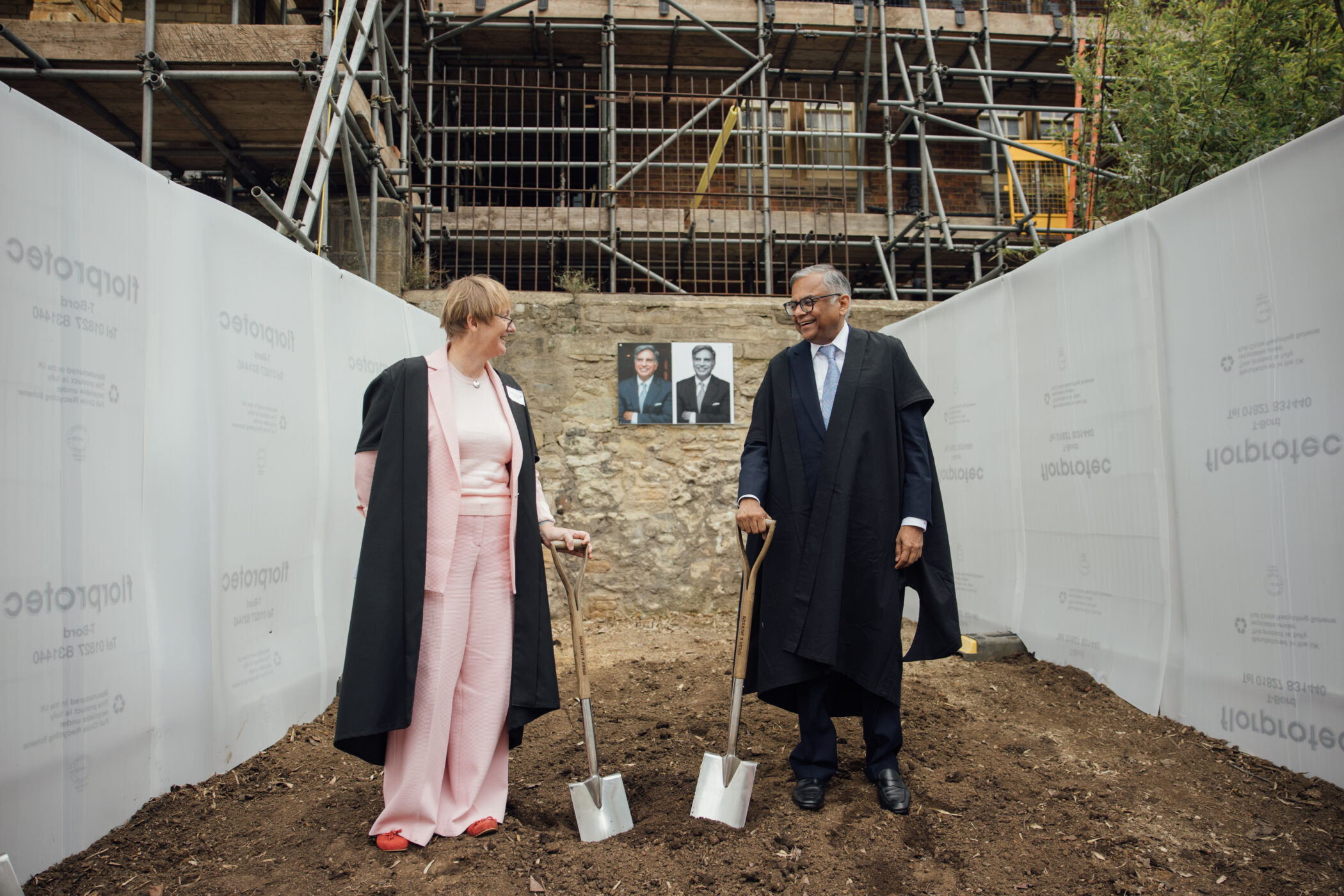 Principal Catherine Royle and Natarajan Chandrasekaran, chairman of Tata Group and Tata Sons, break ground on the Ratan Tata Building