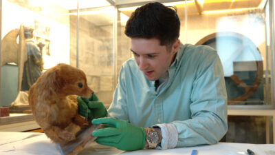 Lachie on a recent sampling trip to Abergavenny Museum, with "Whiskey", the last surviving example of a turnspit
