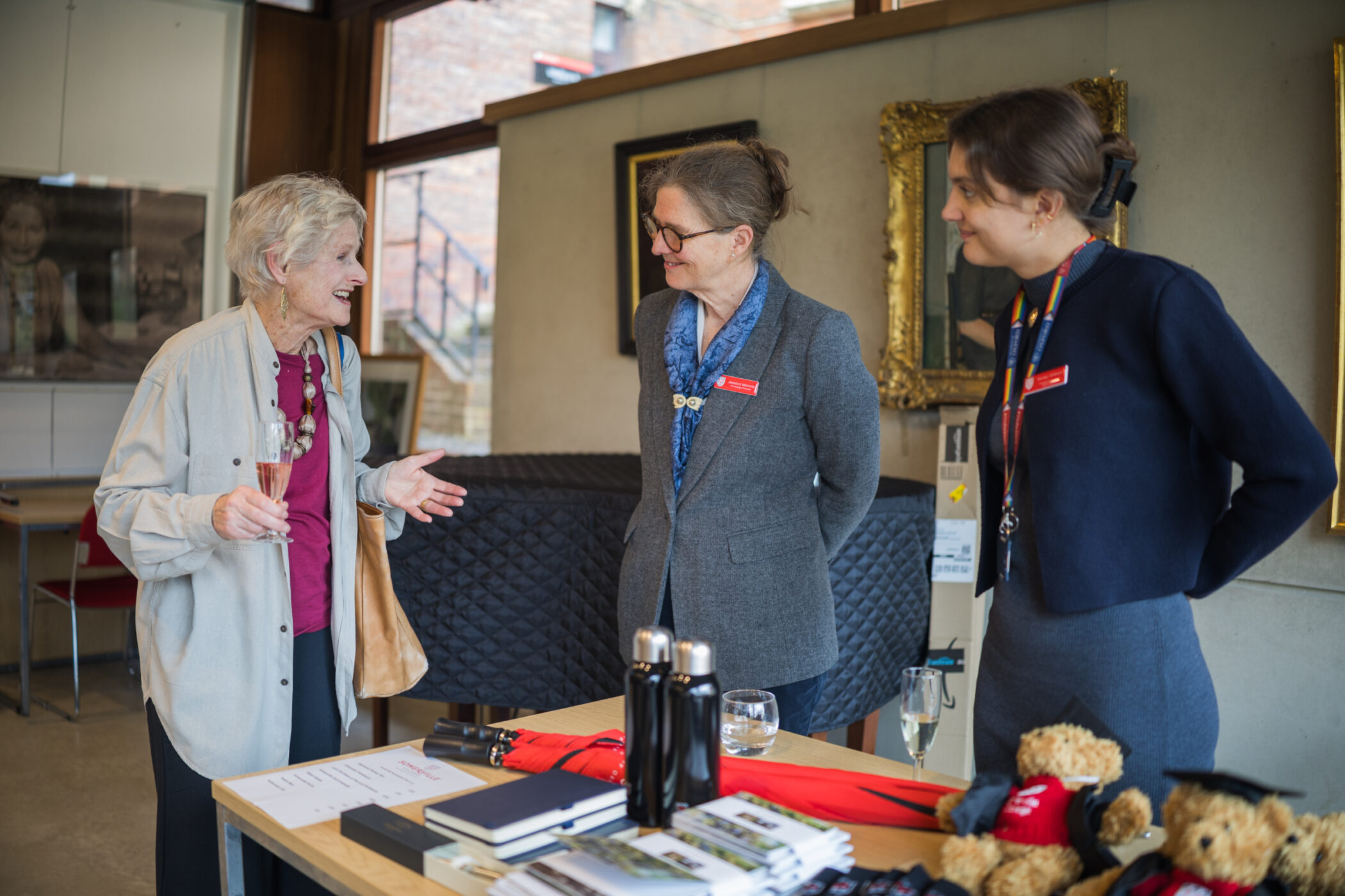 Development Assistant Honey (right) and MTST Director Jessica Mannix (centre) catching up with a Somervillian guest