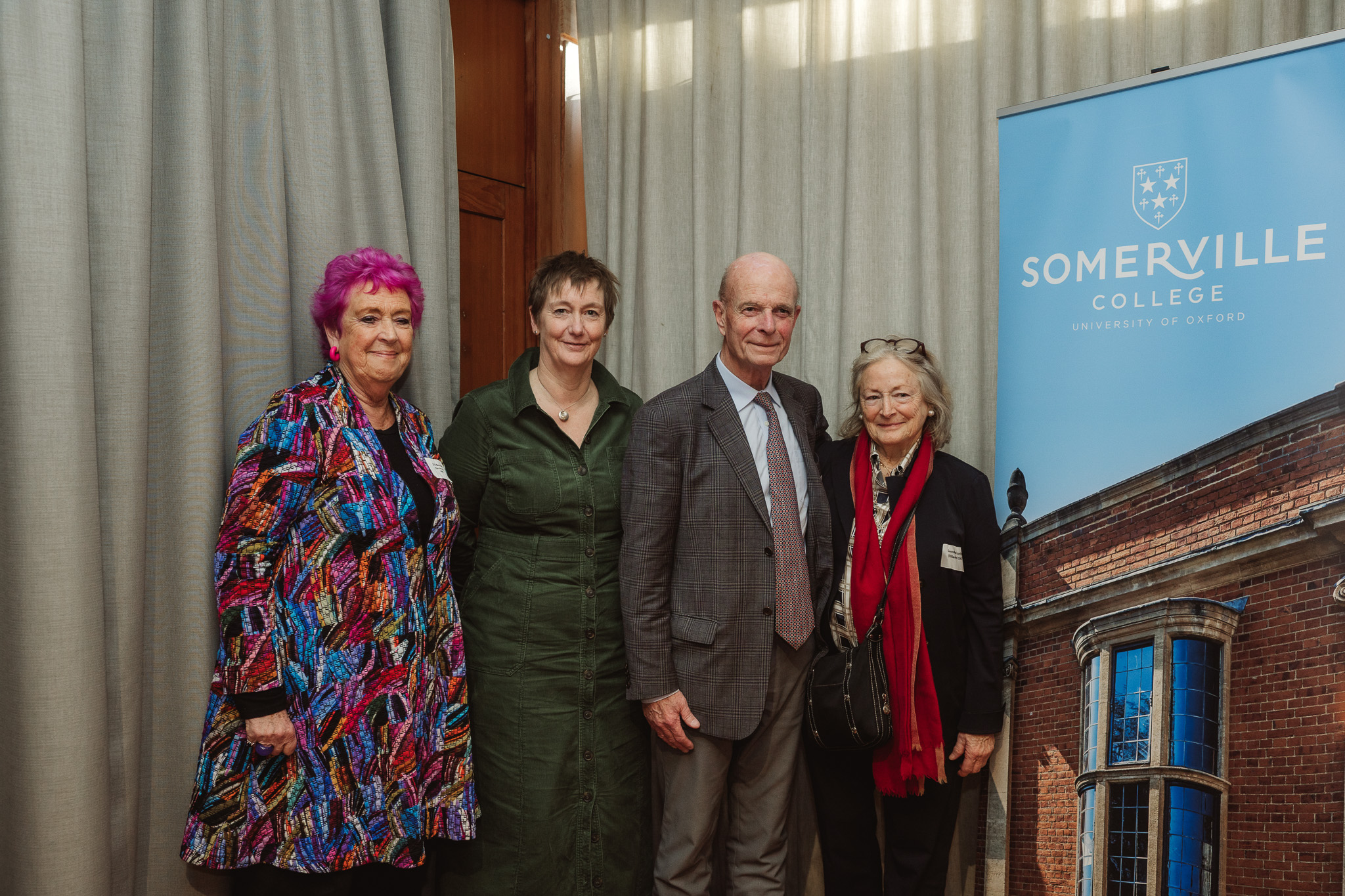 Gill Bennett and Sir John Scarlett with Somerville Principal Catherine Royle, and Gwenda Scarlett (1967, History)