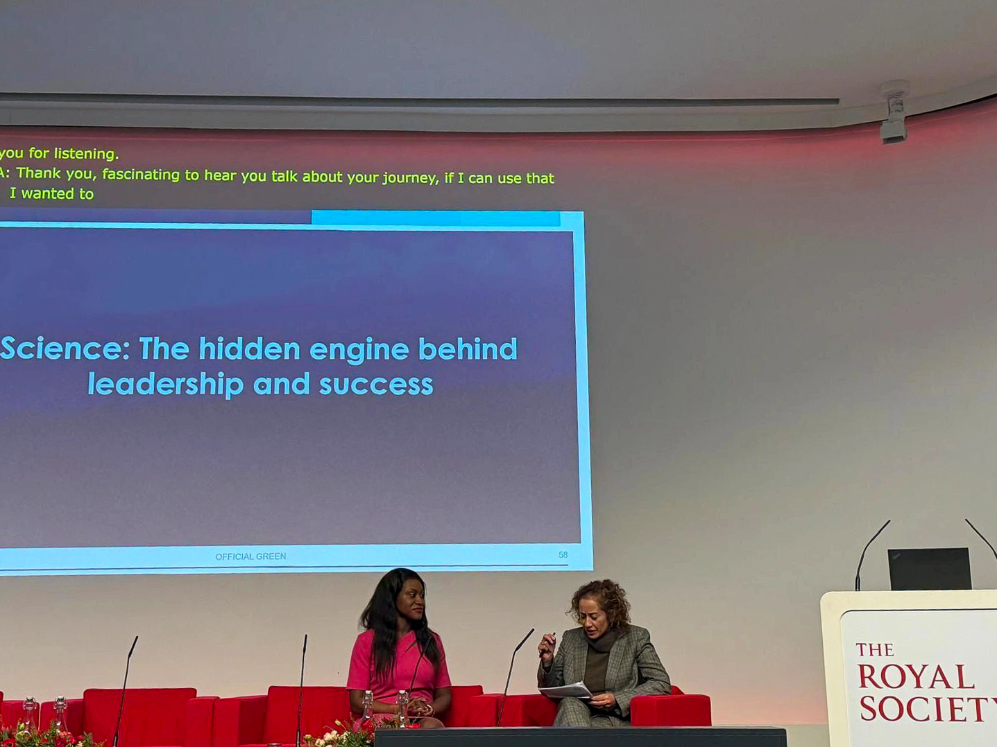 Afua being interviewed at the Royal Society by BBC journaist Samira Ahmed