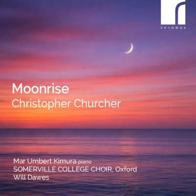 A pink sunset over the sea with a cresent moon in the sky above