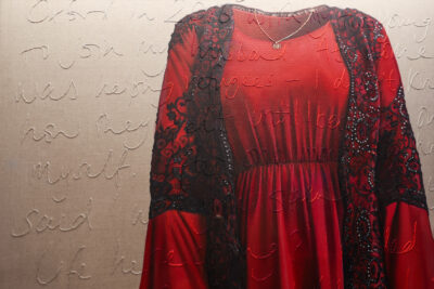 A close up of the painting, with a red dress rendered in precise detail, and words emroidered across it.
