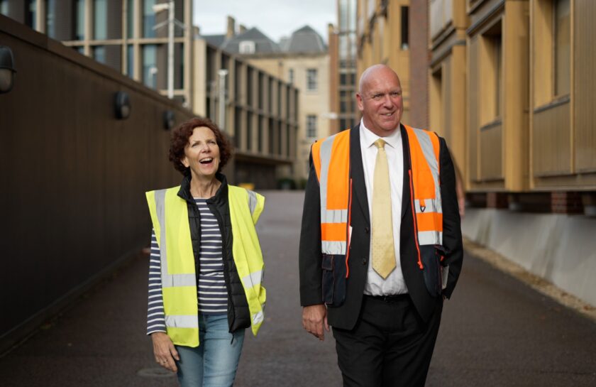 Andrew and former Principal Jan Royall visit the site of the future Ratan Tata Building