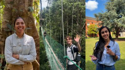 three images next to each other, including a young woman in the rainforest, a young man crossing a bruidge in a rainforest and a young woman talking to camera in front of Somerville Library