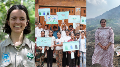 three images in a collage - left, a conservation worker smiles at the camera from a forest, centre, a group of children in India hold up signs about the climate crisis, right, a woman stands in front of a landfill