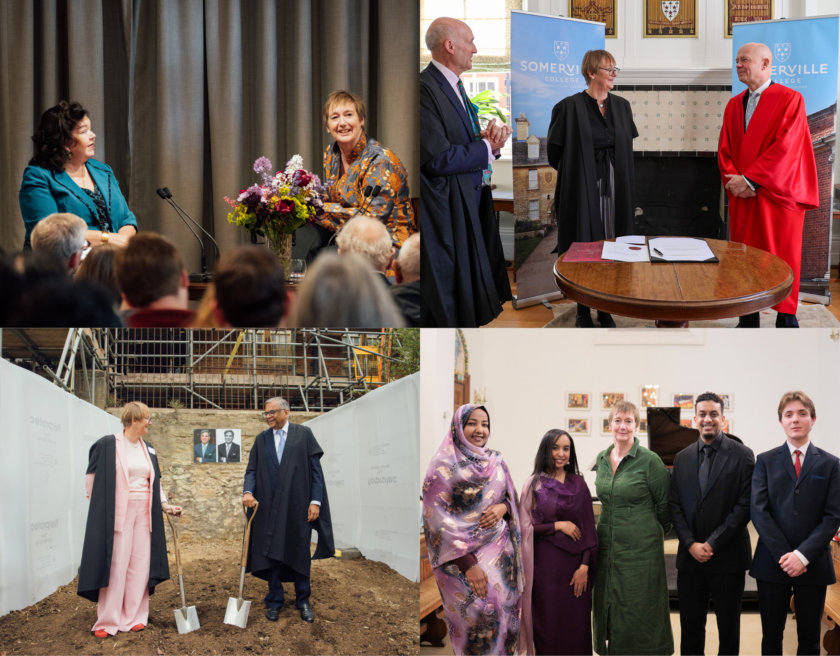 Four different photographs of Principal Catherine Royle interacting with alumni, students and colleagues